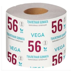 Бумага туалетная Vega, 1-слойная, 56м/рул., на втулке, с перф, серая 1