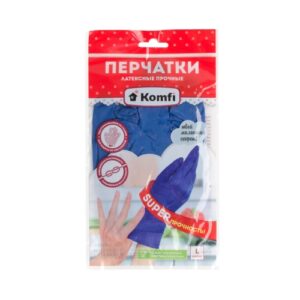 Перчатки хозяйственные латексные прочные, L, синие, 2 шт/уп., Komfi 1