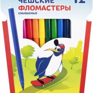 Фломастеры 12 цв ПИНГВИНЫ шестигранные, смываемые, уп. жесткий пластик 1